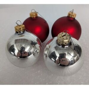 4 VTG Christmas Ornaments Silver/Red Bulbs 3" Oval Ornaments w/Caps Hooks